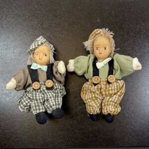 Two Small Porcelain Head (probably) DollsDressed with Suspenders, Shirt, Pants